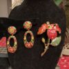 Jose Barrera Hibiscus Enamel & Crystal Flower Brooch and Earrings Set